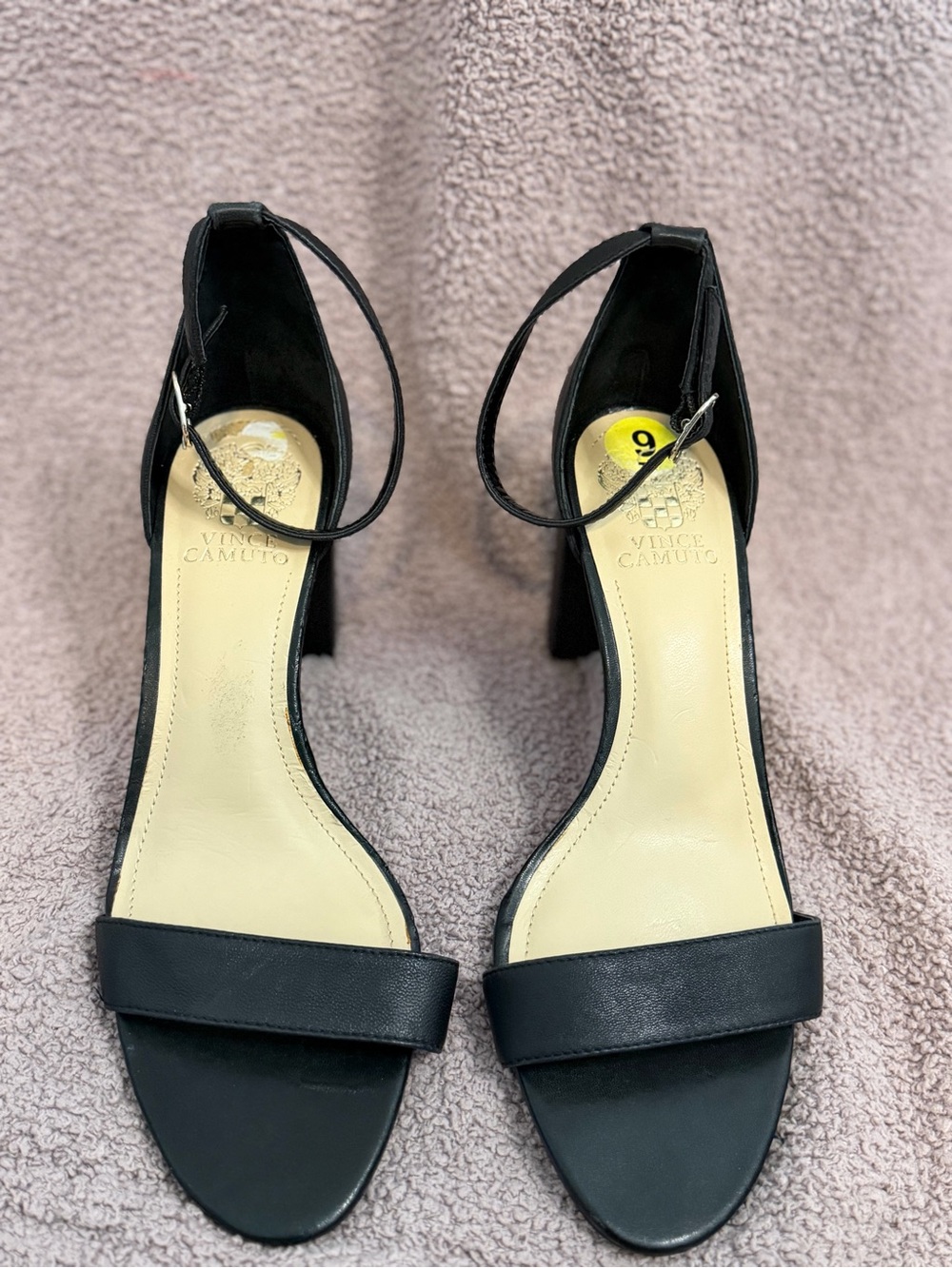 Vince Camuto Black Leather Ankle Strap Block Heel Sandals Size 9